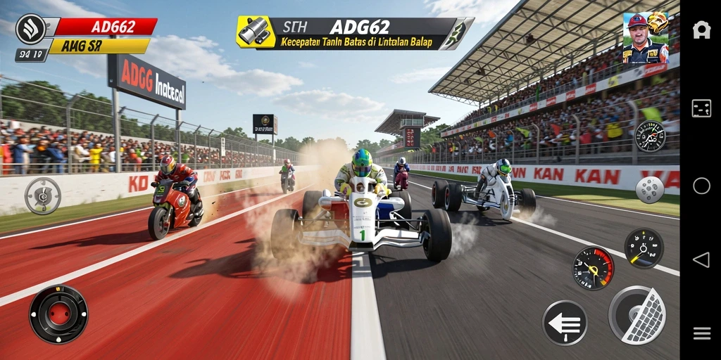 Screenshot gameplay ADG62 menunjukkan aksi balapan yang intens dan kendaraan yang memukau.