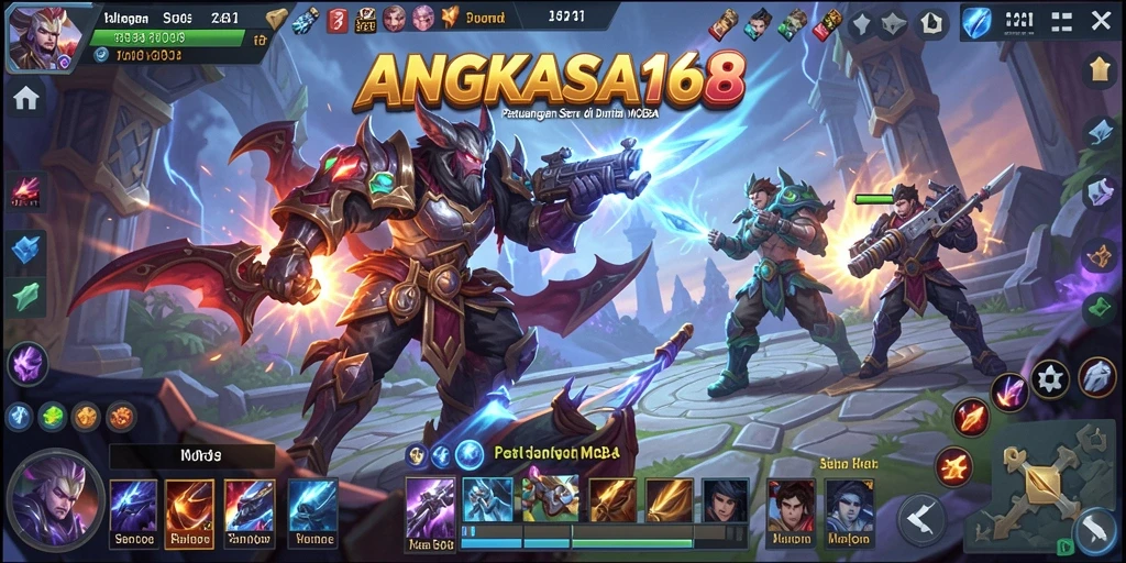 Tangkapan layar gameplay <strong>ANGKASA168</strong> menampilkan aksi pertempuran tim yang intens.