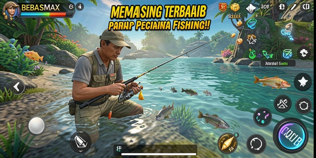 Screenshot BEBASMAX menampilkan aksi menangkap ikan yang seru.