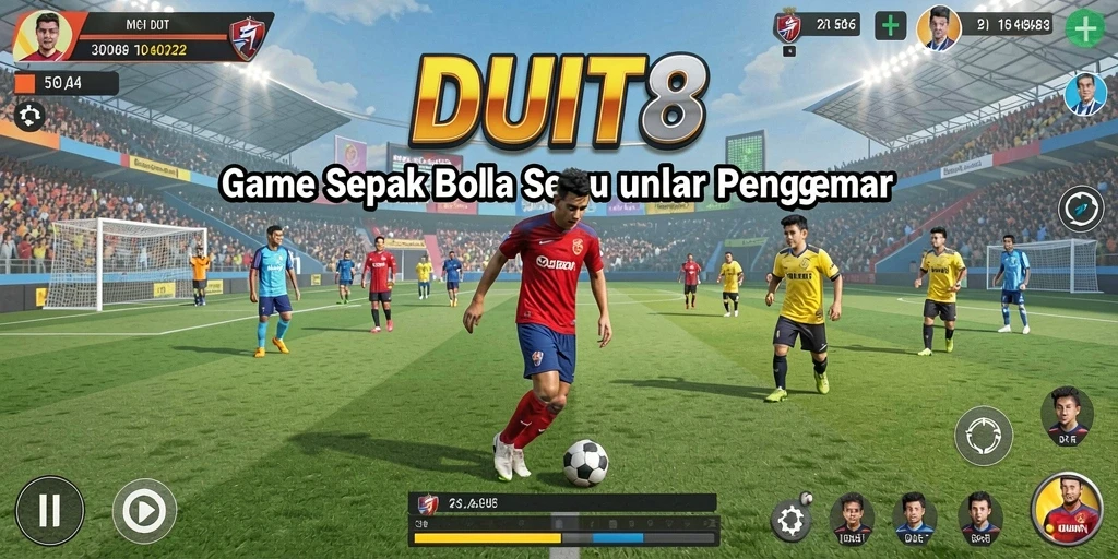Tampilan gameplay seru dalam DUIT8 yang menampilkan pertandingan sepak bola.