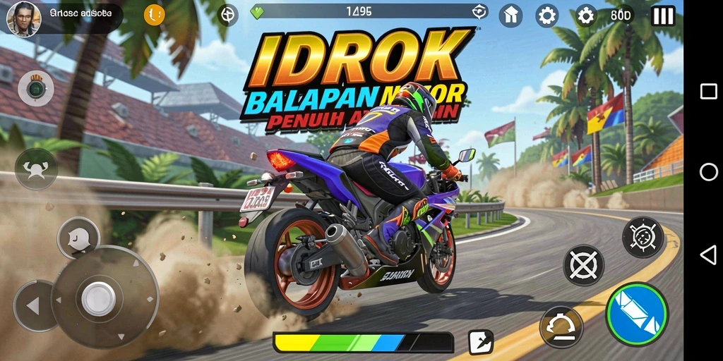 Screenshot gameplay IDROK menampilkan aksi balapan motor yang mendebarkan.