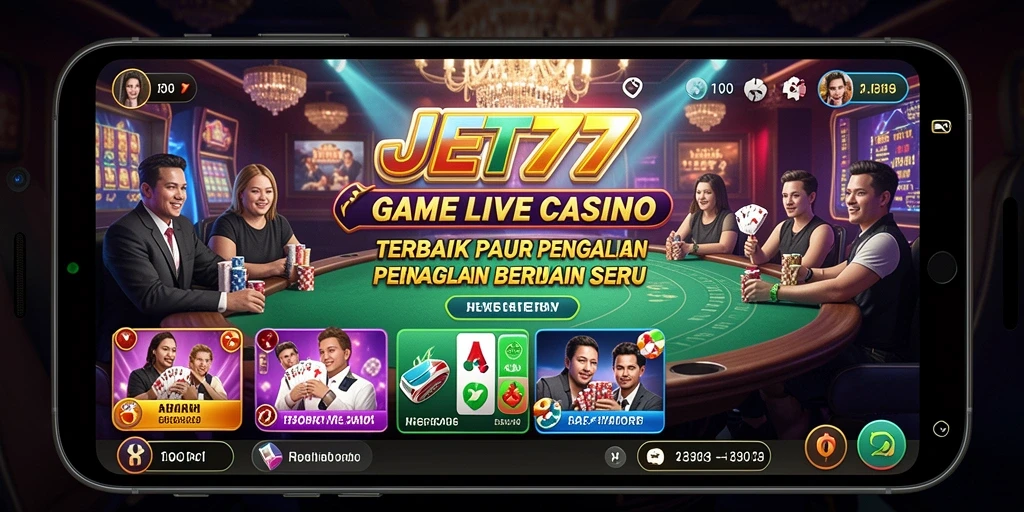 Screenshot JET77 dengan dealer Live Casino yang menarik.