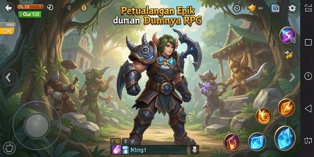 Screenshot gameplay OLX128 menampilkan pertempuran epik di dunia RPG.