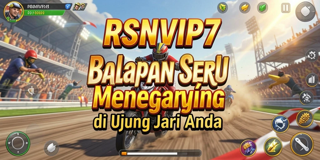 Gameplay seru RSNVIP7 dengan mobil melaju kencang di trek balap.