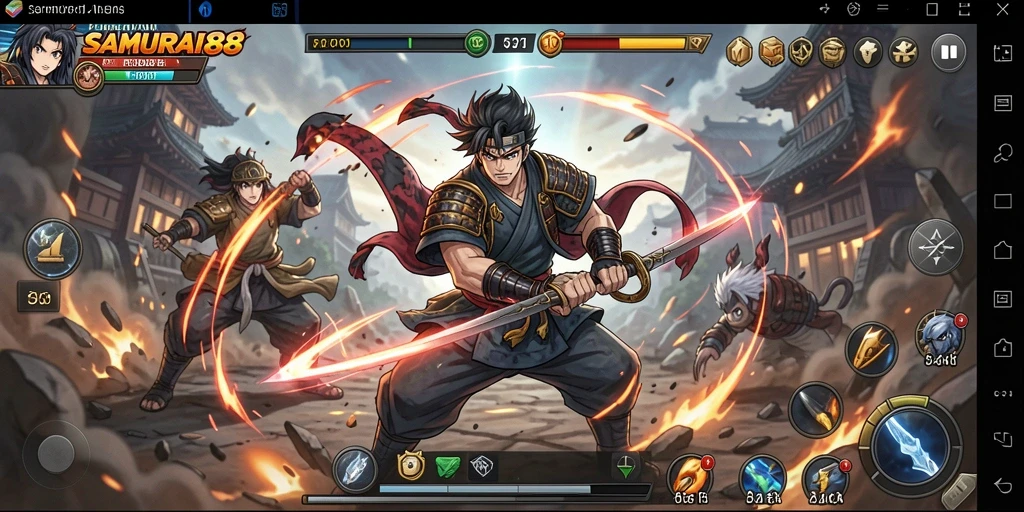 Screenshot gameplay SAMURAI88 menampilkan pertarungan epik karakter anime.