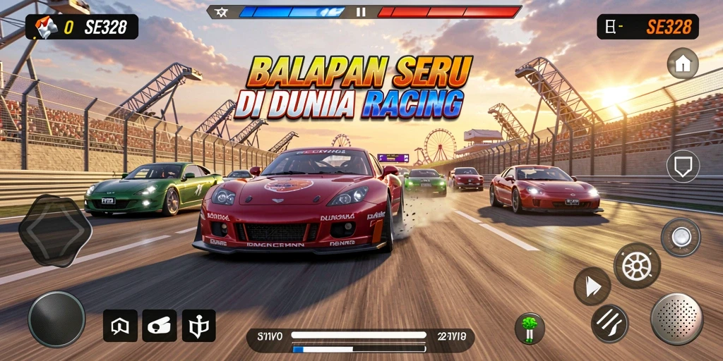 Screenshot utama SE328 menunjukkan momen balapan yang menegangkan.