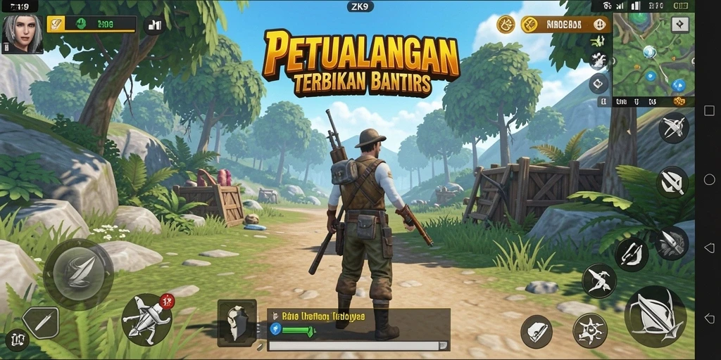 Screenshot gameplay ZK9 menampilkan petualangan di dunia terbuka.