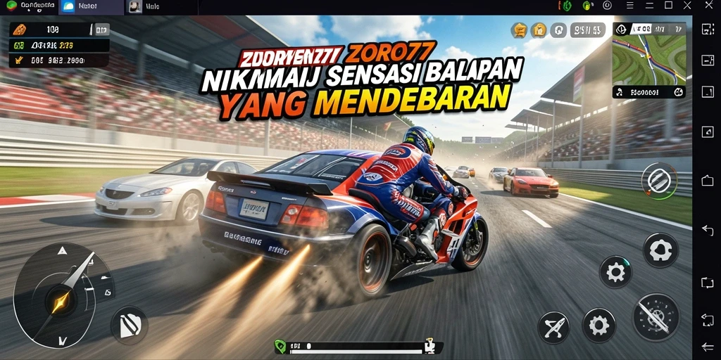 Screenshot gameplay <strong>ZORO77</strong> menampilkan aksi balapan yang mendebarkan dan lintasan yang menantang.